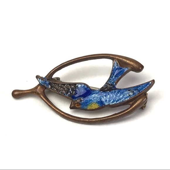 Antique Blue Bird Wish Bone Guilloche Enamel Pin - Picture 1 of 8